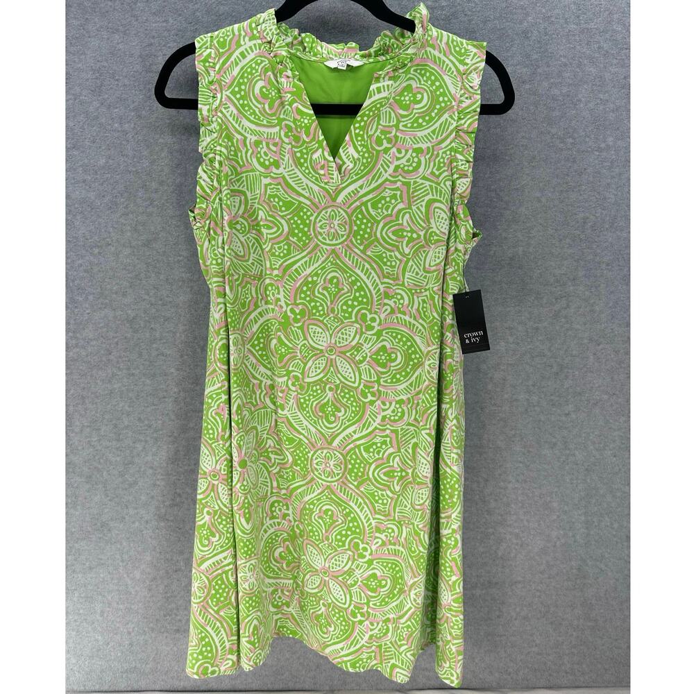 NWT Crown & Ivy Women sz S Pink Green V Neck Shift Dress Coastal Preppy Workwear